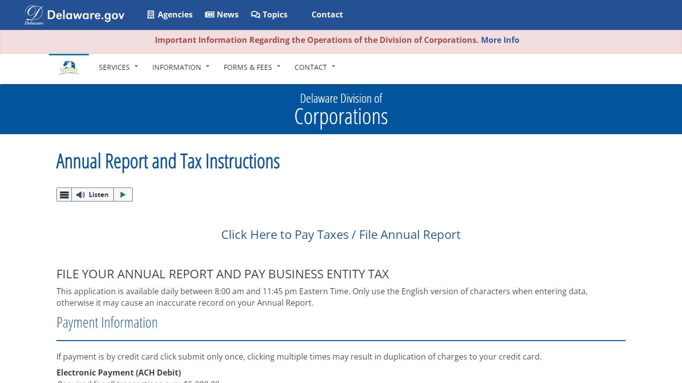 Annual Report and Tax Instructions - State of Delaware