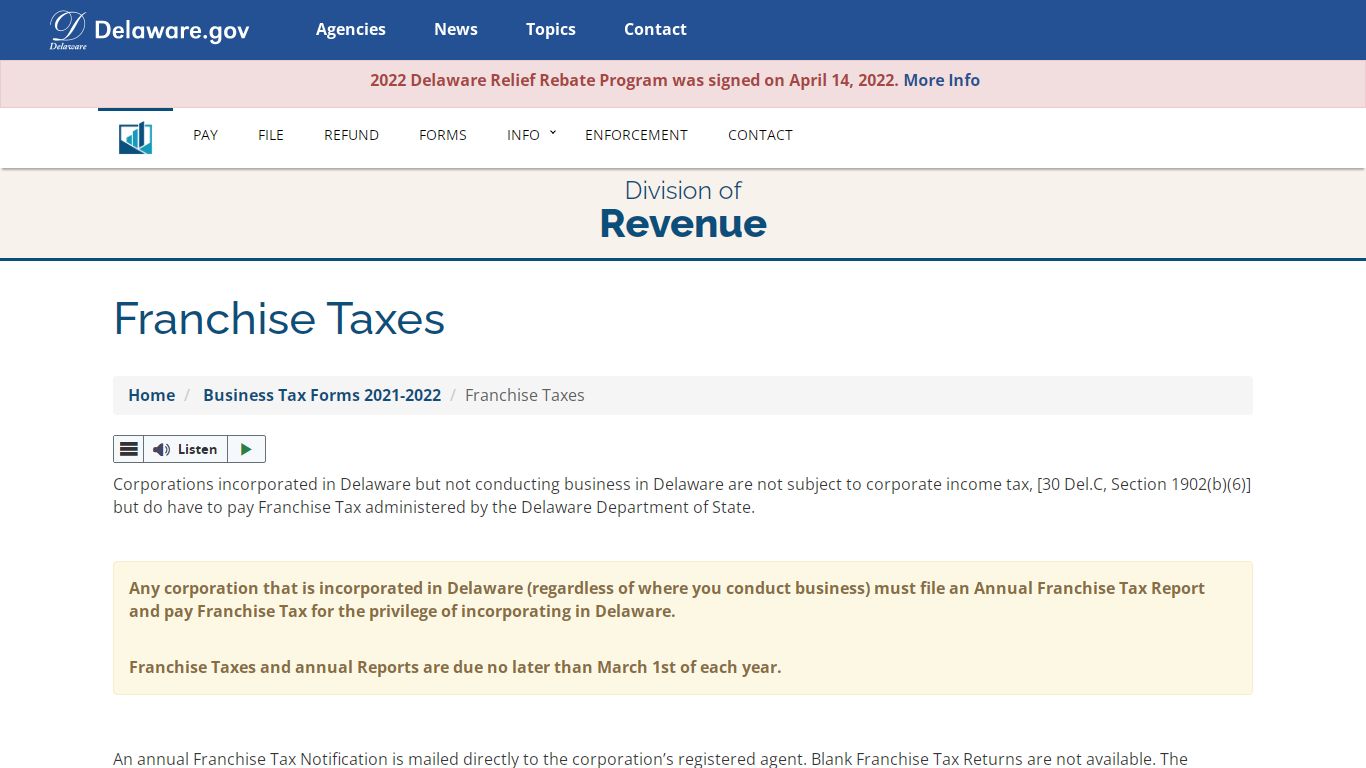 Franchise Taxes - Division of Revenue - State of Delaware